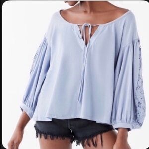 Urban Outfitters Womens S Boho Belle Blue Peasant Blouse Crochet V Neck Tie Boxy